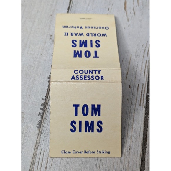 Vintage Matchbook Cover Tom Sims World War‎ II Overseas Veteran County Assessor - Picture 2 of 3